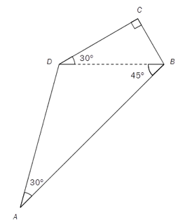 En firkant ABCD har vinkel A lik 30 grader, vinkel ABD lik 45 grader, vinkel BDC lik 30 grader og vinkel BCD lik 90 grader.